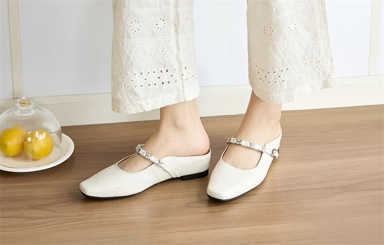 Eierkang Women's Genuine Leather French Style Open Toe Half Slippers, Slip-On Mules with Hidden Heel, Model 27573W Silver Size 37 5