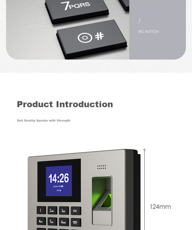Deli AH100 Fingerprint Attendance Machine 1200 Prints 36 Departments Large Capacity Sensitive Optical Fingerprint Recognition TFT Color LCD 13