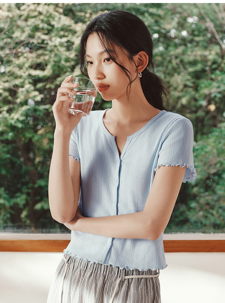 Semir Women's Summer Short Sleeve T-Shirt Short Hollow Textured Slim Fit Cotton Ruffled Edge 2026 Cardigan 109326100008 18