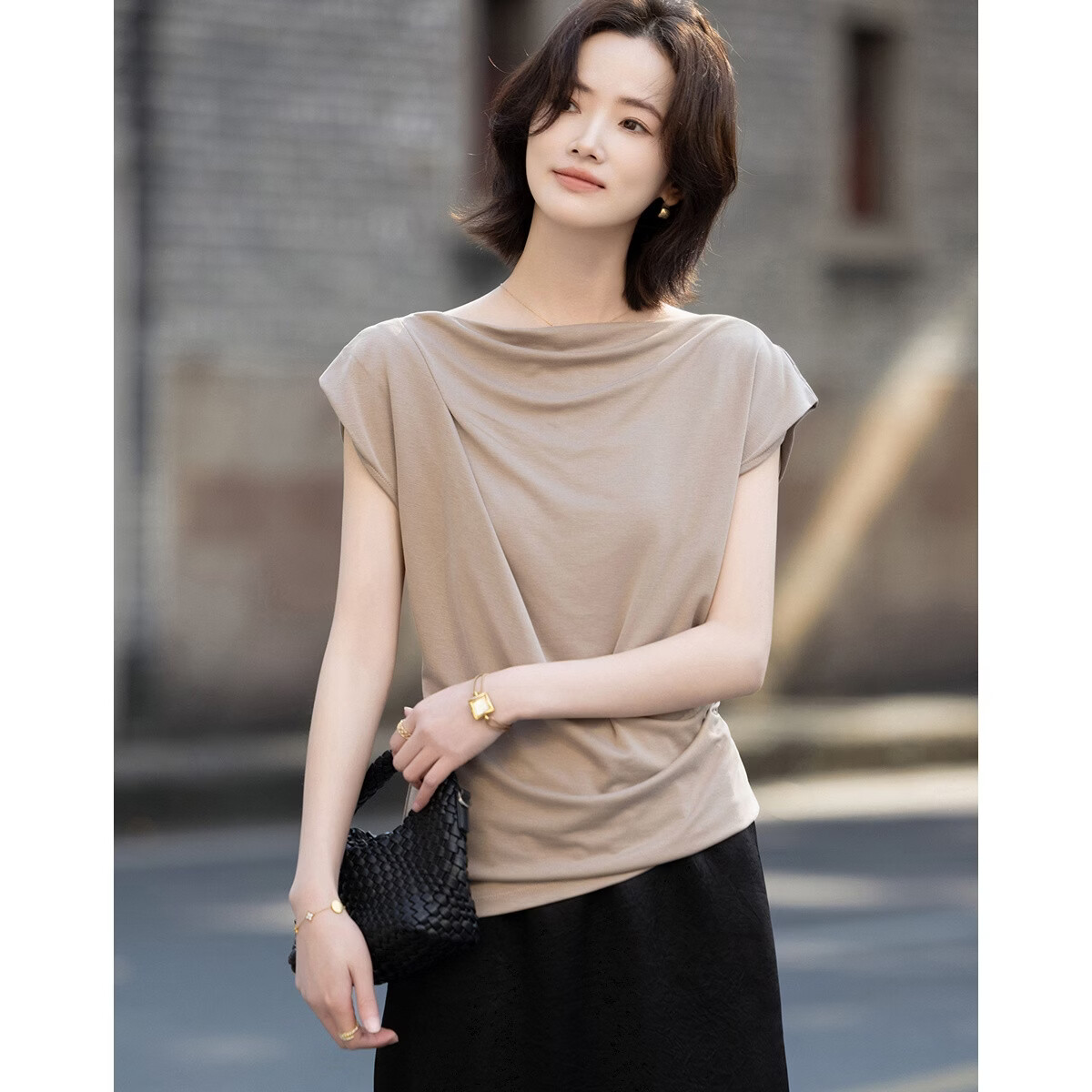 Demana Breathable Cupro Jersey Summer Elegant Draped Collar Raglan Deep V Back Tie Slimming T-Shirt for Women