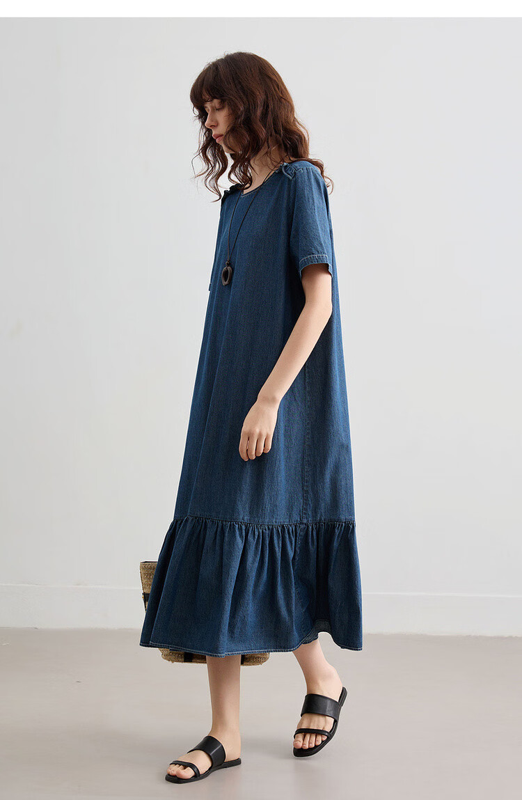 Demana Natural Cloud Oxygen Cotton Summer Vintage Casual Washed Round Neck Ruffle A-Line Slimming Women's Denim Dress 18