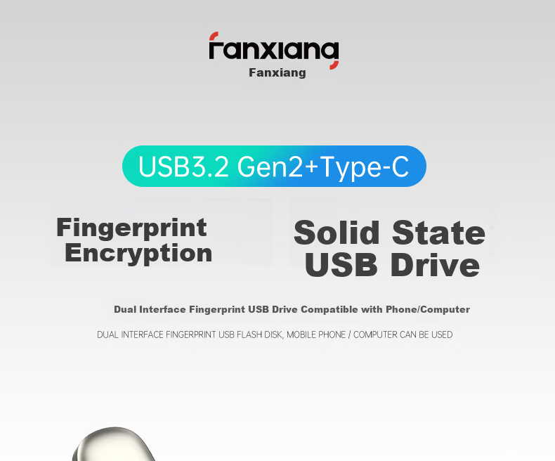 FANXIANG Solid State USB Drive 512GB USB 3.2 Type-C Fingerprint Encrypted High-Speed Flash Drive Mobile SSD FP651 Champagne Silver 1