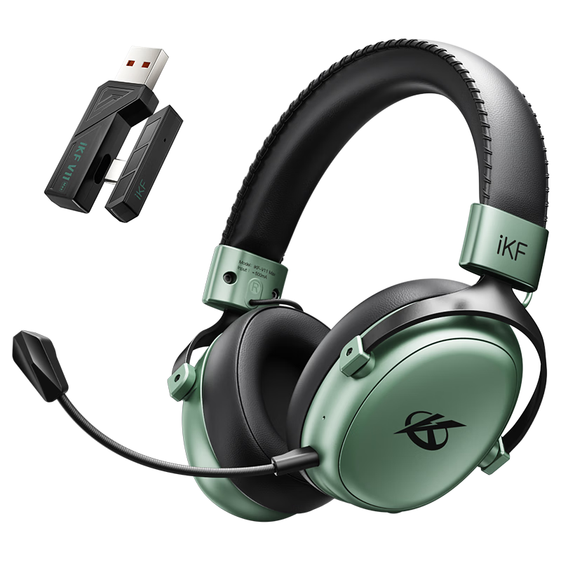 IKF V11 Max Quad-Mode Gaming Headset, Over-Ear Wireless E-Sports 7.1 Sound Field, Bluetooth Wired FPS Smart Driver, Triangular Unyielding Contract Position Audio, Navy Gree