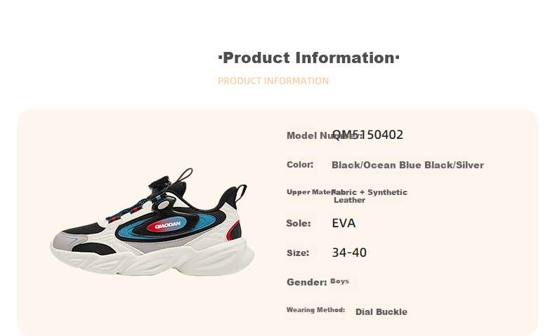 QIAODAN Boys' Sports Casual Shoes Big Kids Running Shoes Children's Lightweight Twist Buckle Shoes Black/Ocean Blue Size 36 9