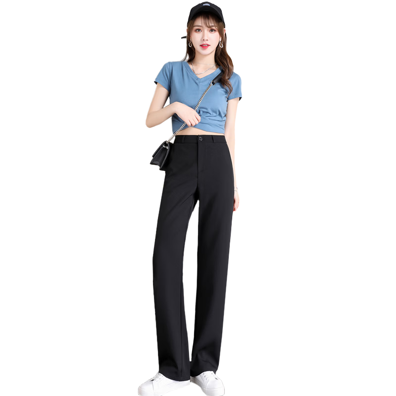 LangSha Women's Summer Thin High Waist Slim Fit Elastic Waist Straight Leg Dress Pants
