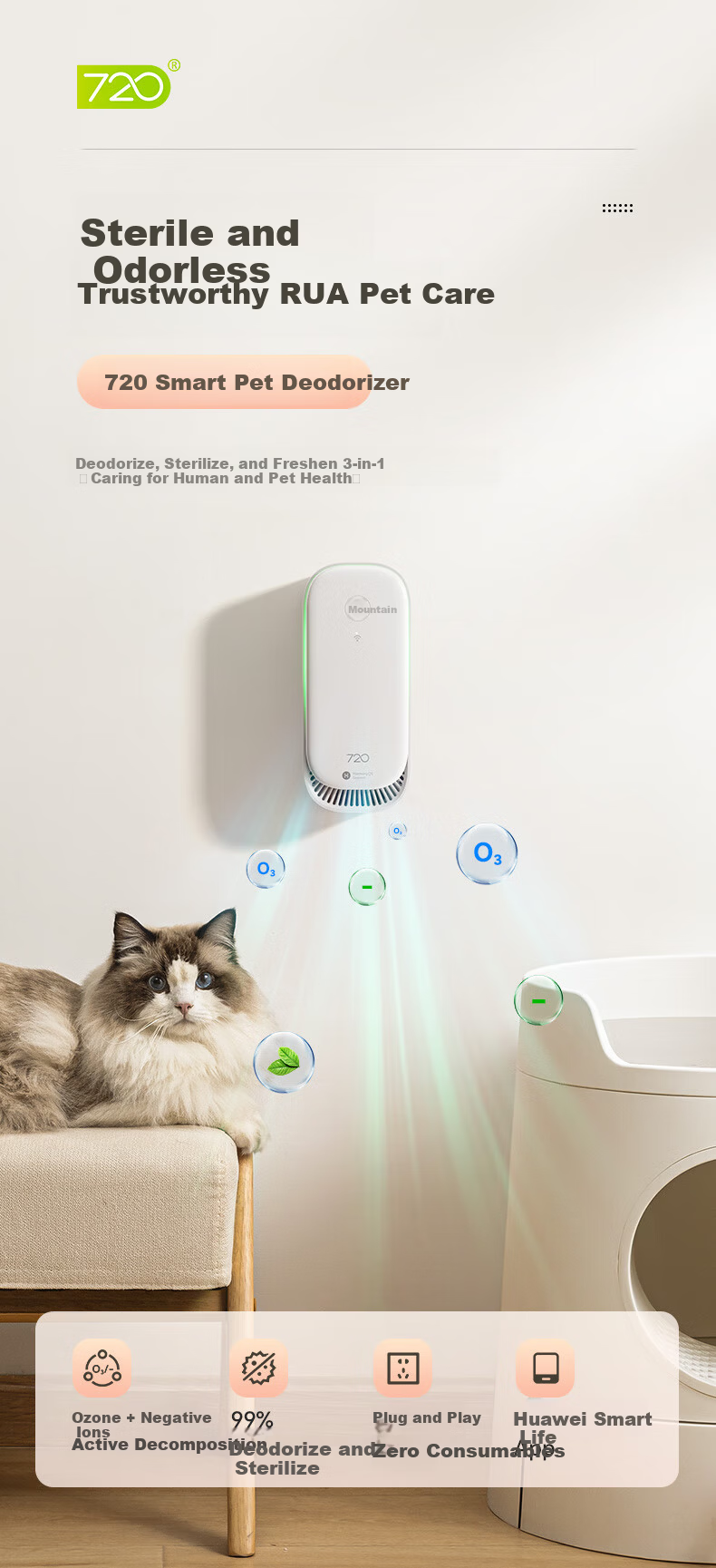 720 Pet Odor Removal Air Purifier for Cat and Dog Litter Odor, 99.9% Sterilization, Negative Ion Super Oxygen Deodorizer, Bathroom Freshener, Zero Consumables, Huawei Smart Link 1