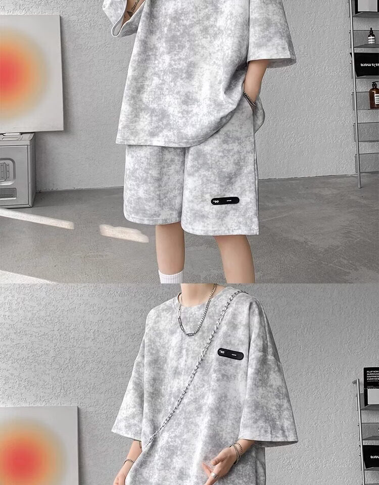Wassup Sohot American High Street Short Sleeve T-Shirt Set Men Summer Tie-Dye Short Sleeve Shorts Sports Two-Piece Set Gray 5XL 5
