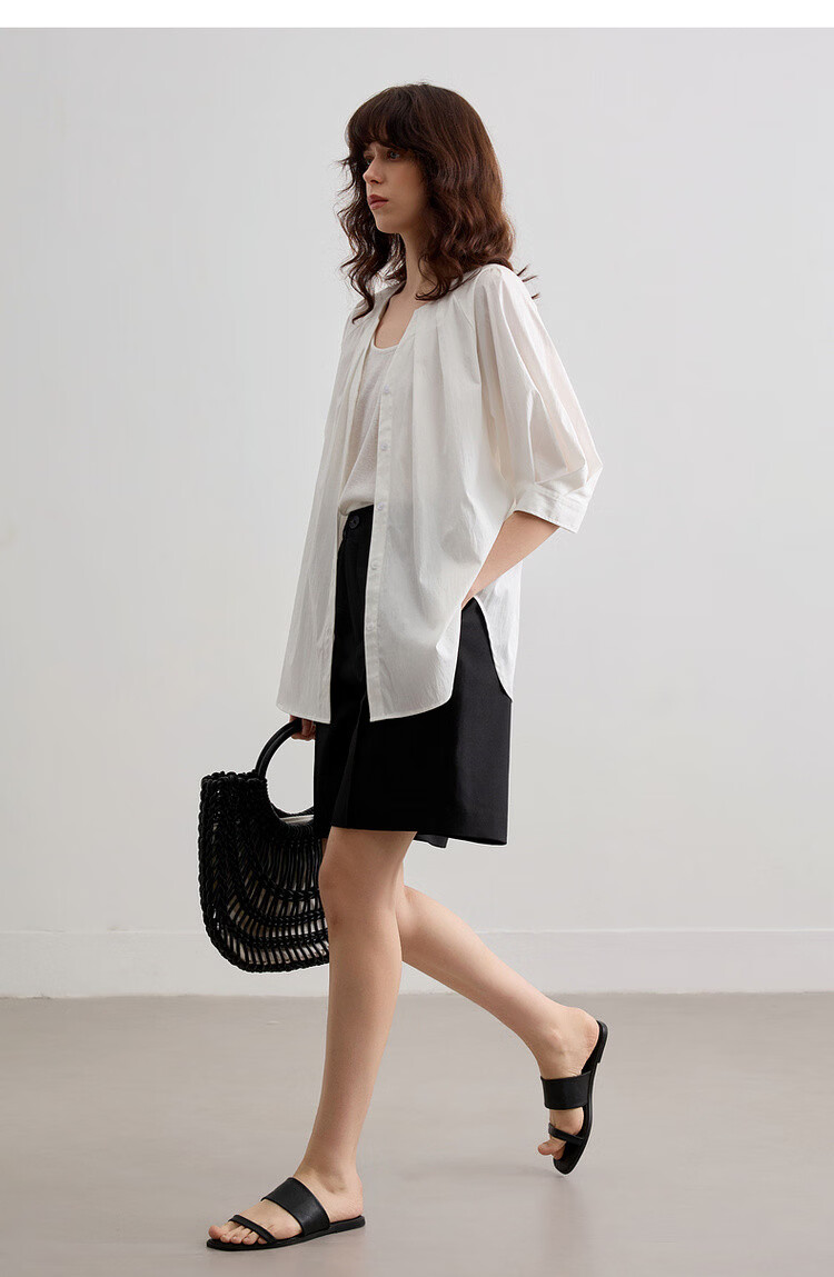 Demana Urban White Moonlight Summer Elegant Pleated V-Neck Cotton Nylon Stretch Loose Slim Shirt for Women Premium Feel 18