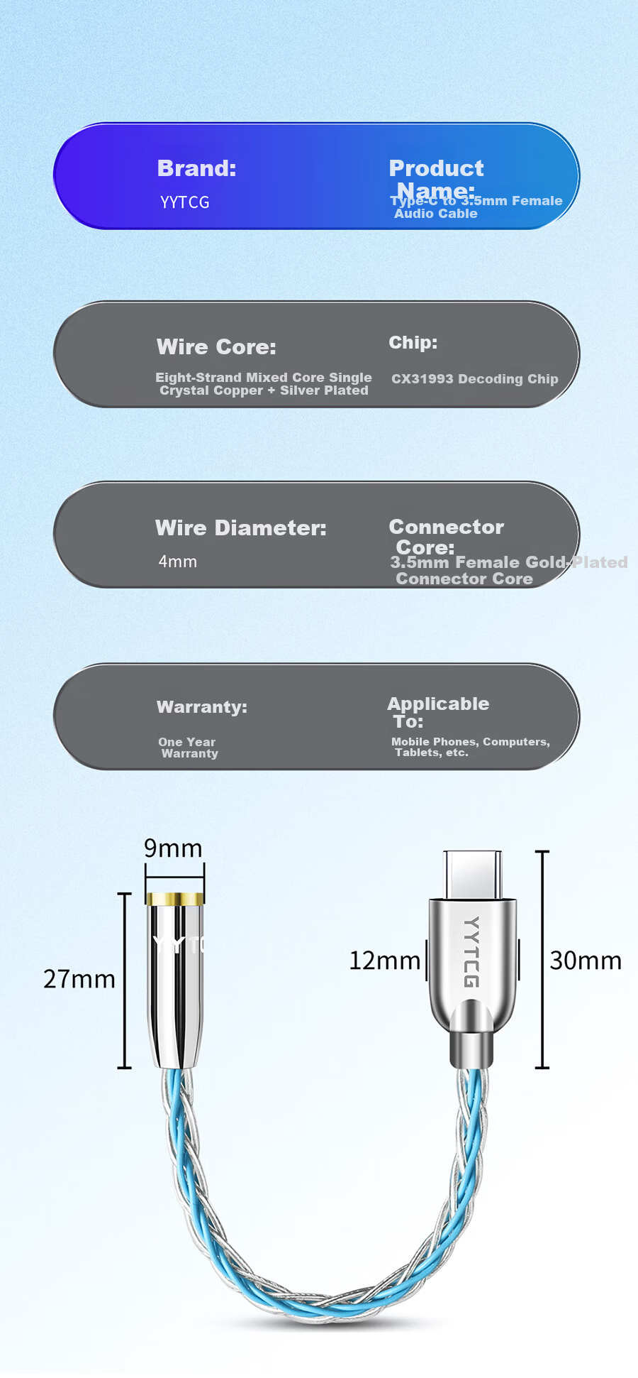 YYTCG Single Crystal Copper Silver-Plated Type-C to 3.5mm Audio Cable CX31993 Chip Headphone Adapter Universal for Apple Xiaomi Samsung Huawei Phones Tablets Speakers Headphones 9
