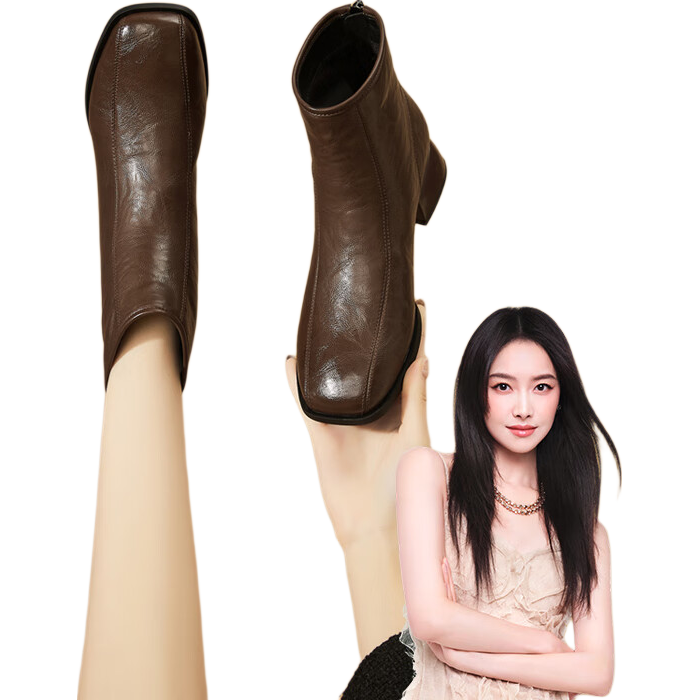 DAPHNE Women's Brown Ankle Boots, Chunky Mid Heels, British Style, Autumn Winter, Size 35