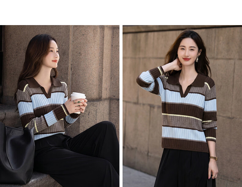 Demana Fluffy Wool Autumn Literary College Lapel Colorblock Striped Loose Slim Knit Sweater for Women Premium Feel 10