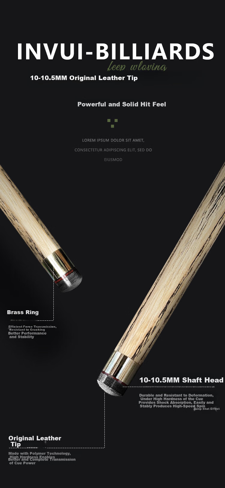 INVUI 3/4 Split Small Tip Chinese Style Black Eight Snooker Cue Z-19 4