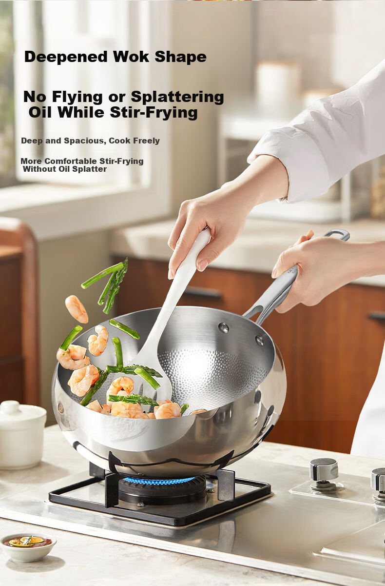 OLOFE 316L Stainless Steel Thickened Large Belly Wok Old Guandong Seventh Generation Mirror Finish No Coating Hammered Small Stir-Fry Pan 24cm 10