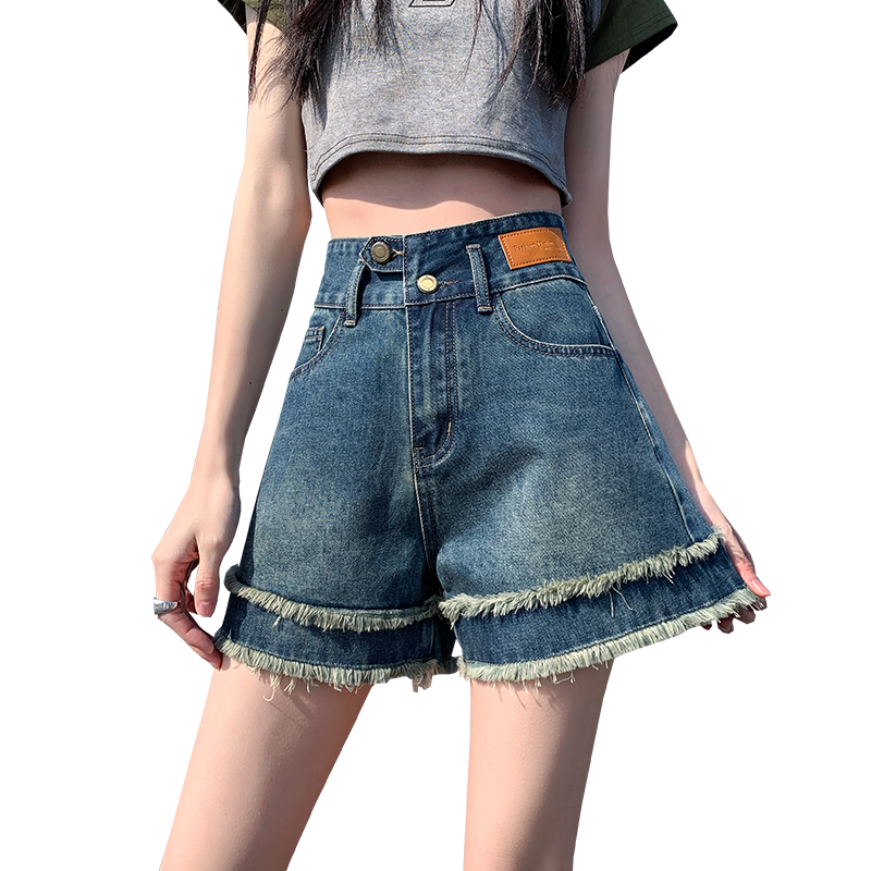 Jeanswest Women's Summer 2026 Vintage Frayed High-Waist American Style A-Line Denim Shorts Retro Blue XL