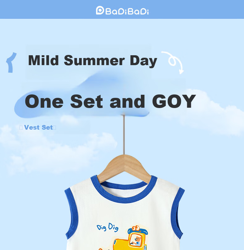 Badibadi Summer Baby Toddler Cotton Set Sleeveless Vest Shorts Unisex Baby Light Gray Cat Fishing 110 1