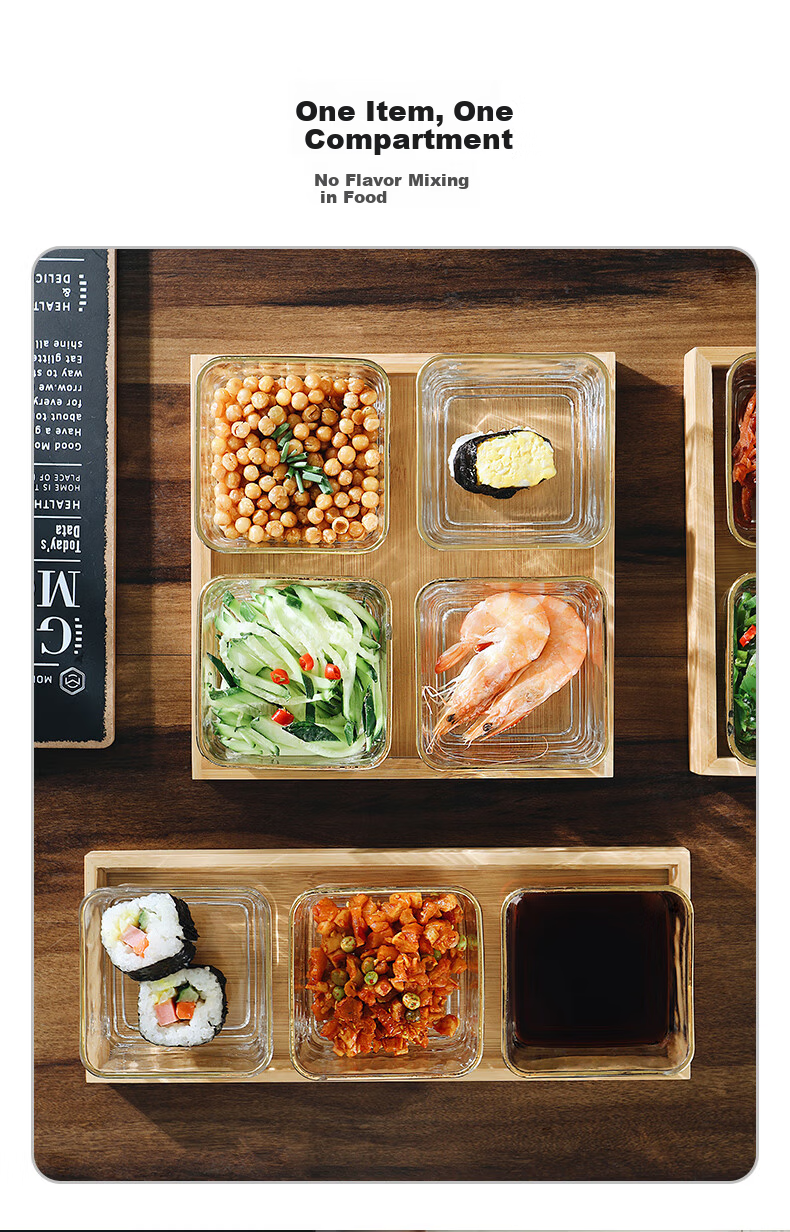 CRISTALGLASS Sectioned Dipping Sauce Dish Snack Platter Home Use Dish Hot Pot Sauce Dish Seasoning Dish Oil and Vinegar Dish with Tray Gold Rim Glass Bowls 6pcs + Six-Compartment Bamboo Tray 2