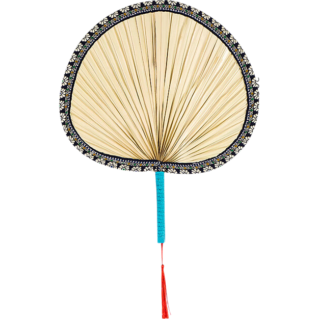 TaTanice Handmade Palm Leaf Fan Traditional Ribless Fan Vintage Style Brocade Edged Round Blue Fan