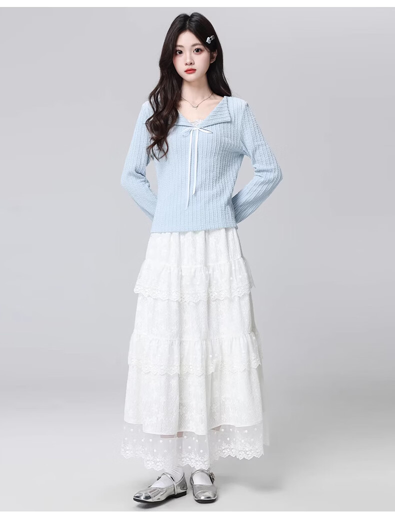 Langsha White Lace Cake Layered High-Waist A-Line Midi Skirt for Women Spring Summer Slim Fit Flowing Fairy Skirt 21