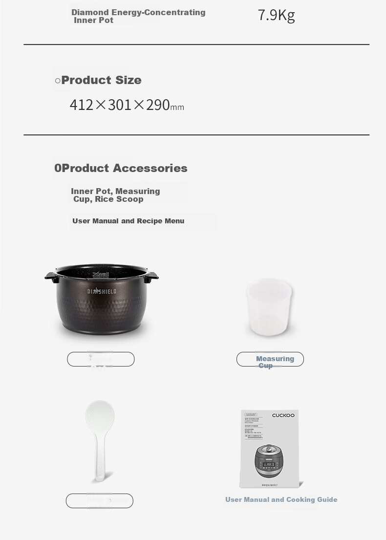 CUCKOO Black Crystal Diamond Rice Cooker Korean Imported Large Capacity High-Pressure Intelligent Voice Timer Multifunction IH Pressure Cooker for 4-5 People CRP-AH1080FD 15