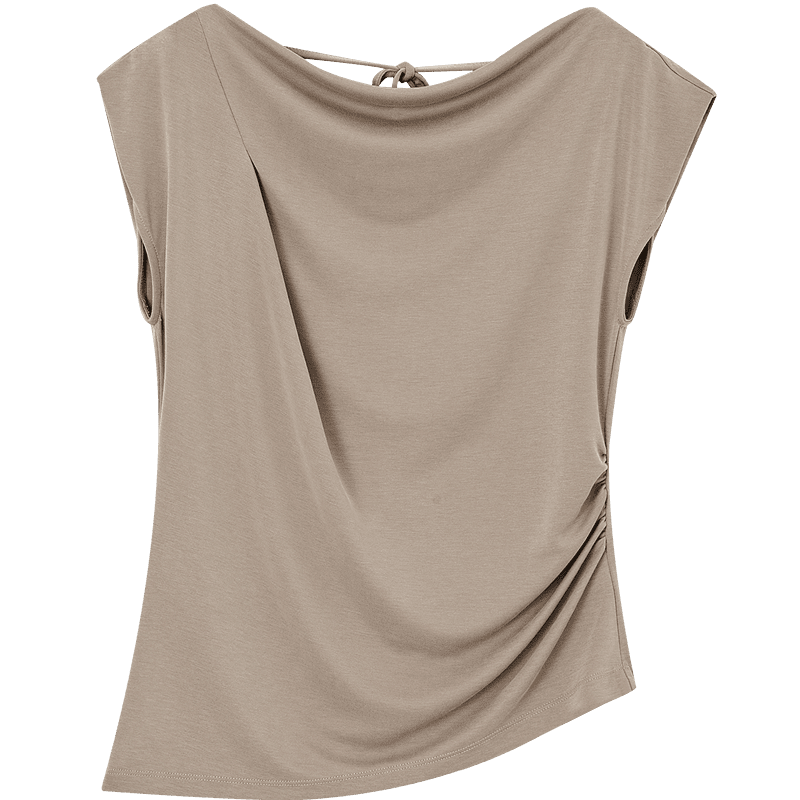 Demana Breathable Copper Ammonia Bead Fabric Summer Elegant V-Neck Shoulder Tie-Back Slim Fit T-Shirt for Women