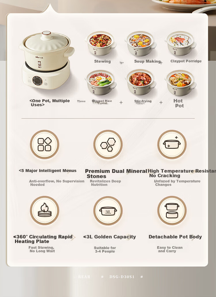 Bear Electric Clay Pot Electric Stew Pot Soup Cooker Health Porridge Cooker 3-4 People Split Electric Clay Pot DSG-D30S1 3L High Heat Quick Stew [Off-White] 2
