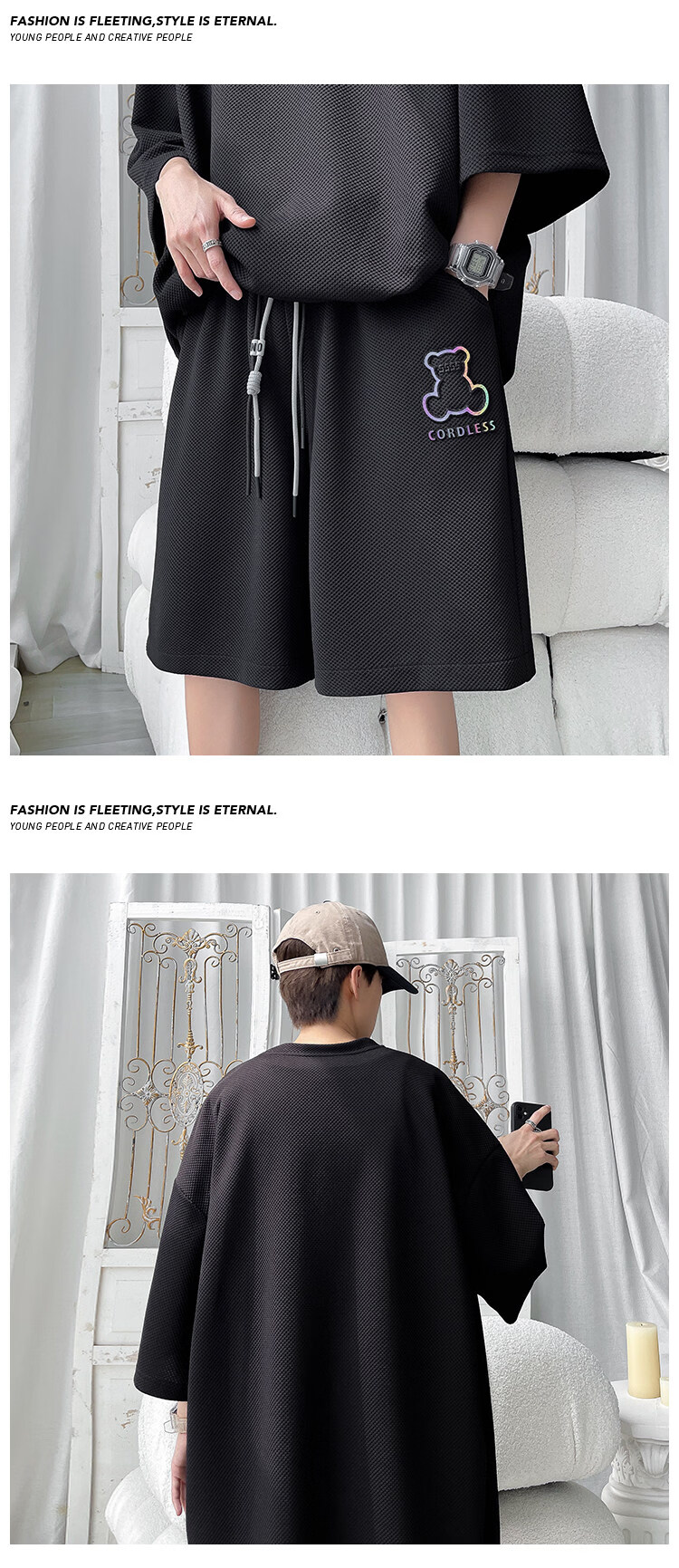 Wassup Sohot Ice Silk Short Sleeve T-Shirt Men's Set New Summer Large Size Loose Half Sleeve Shorts Two-Piece Set Apricot L 11