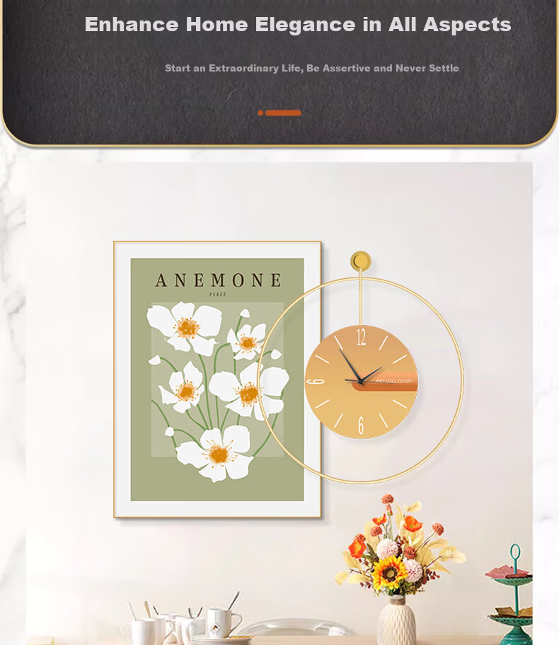 Mao Jiu Jiang Restaurant Decorative Wall Art with Clock and Greenery for Dining Room Table Background, Fresh Style Living Room Luxury Wall Clock Painting 10