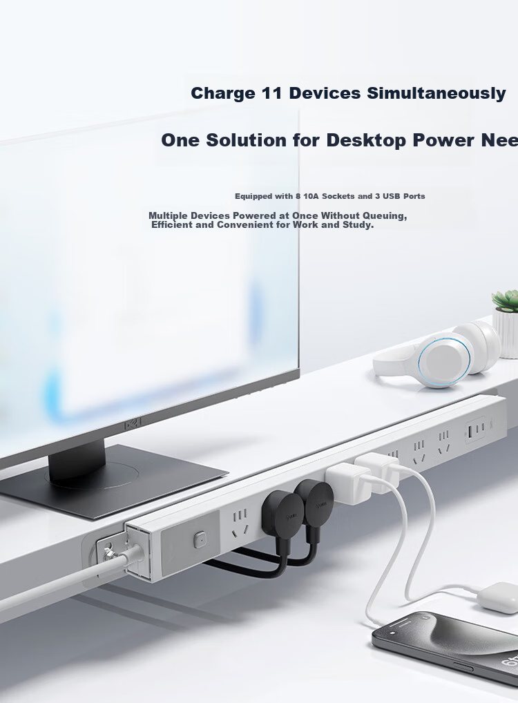 BULL 20W Fast Charging PDU Desktop Overload and Overpower Protection Under-Desk Gaming Cabinet Power Strip Socket, Master Control 8 Outlets + USB, 1.8m, Distant Mountain Gray 2
