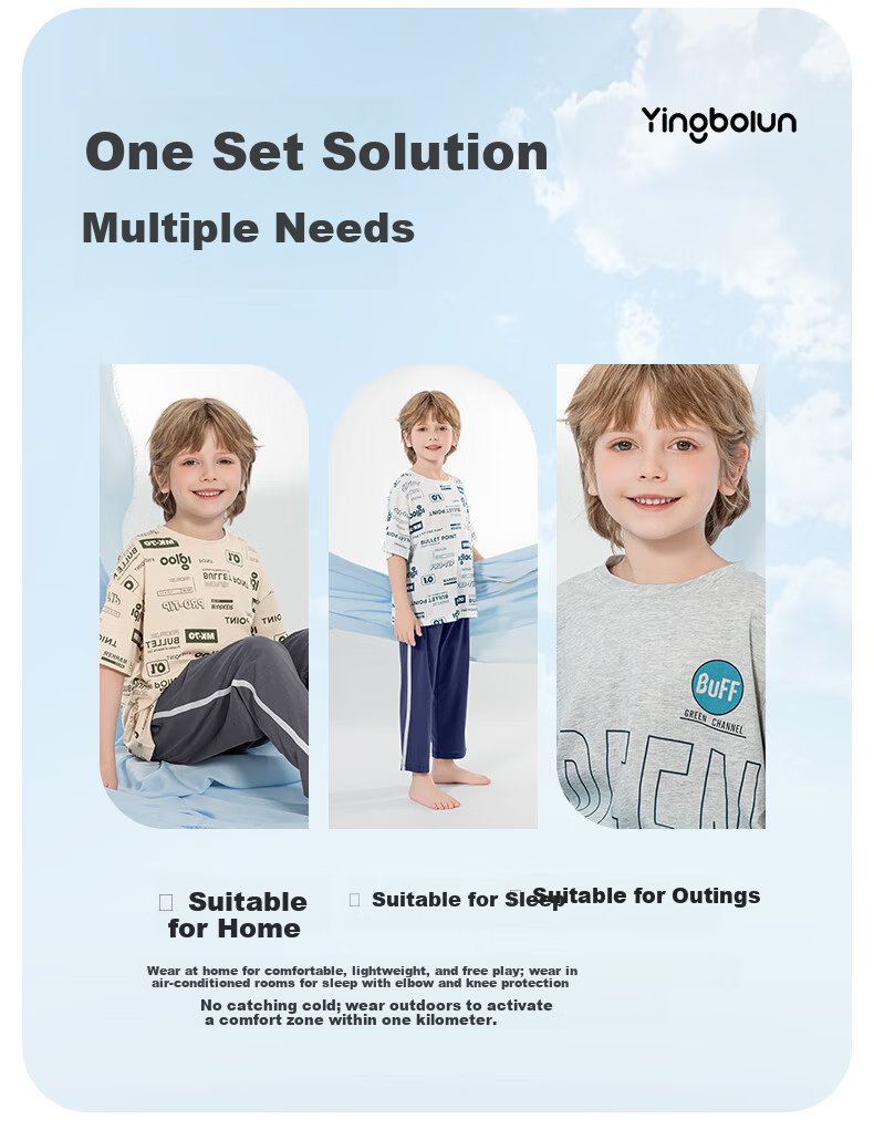 Yingbolun Boys' Summer Thin Short Sleeve Pajama Set for Older Boys 20791 White Blue Size 130 11