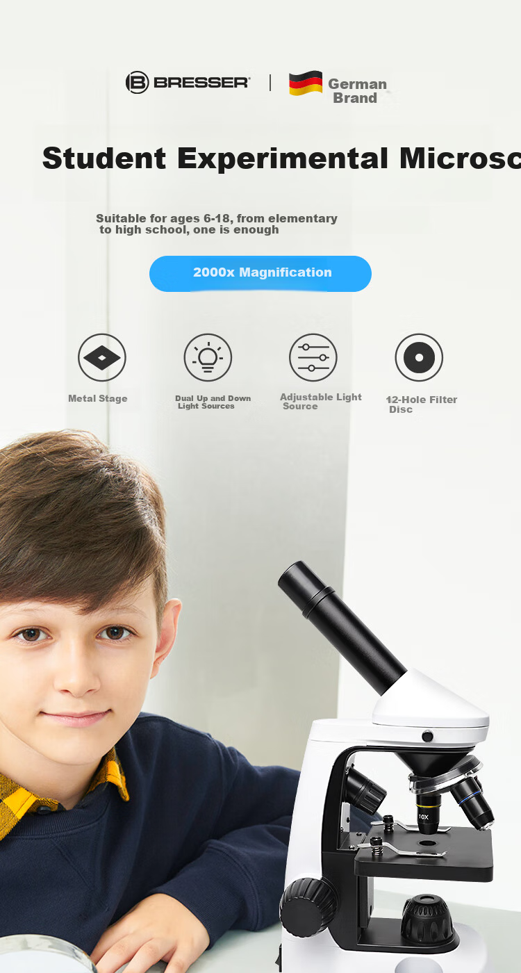 Bresser Microscope Children's Biological Experiment Stereoscopic Optical Set 2000x HD Magnification 3