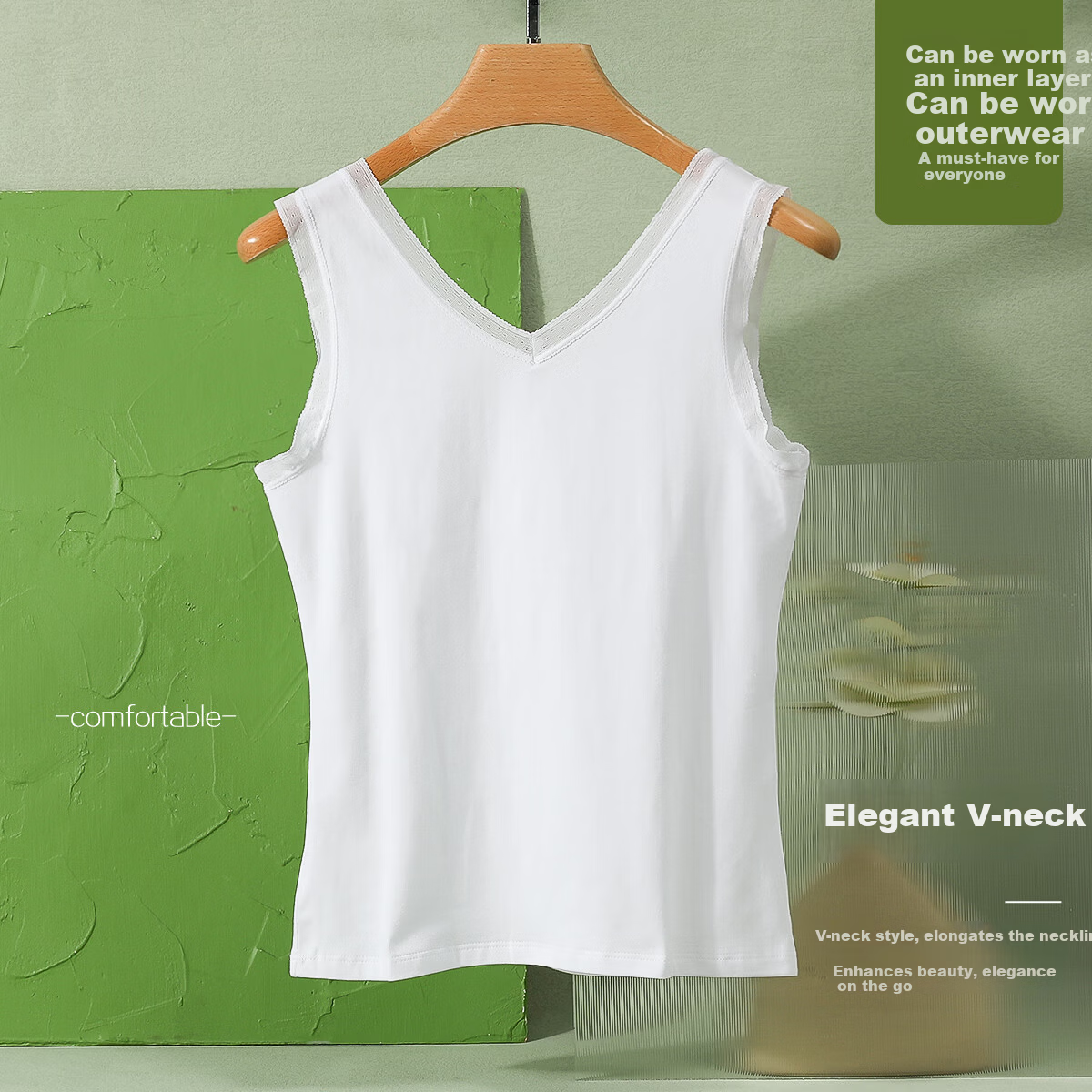 Hodo Women's Cotton-Spandex Stretch Breathable Lace Trim V-Neck Simple Tank Top Summer New Arrival