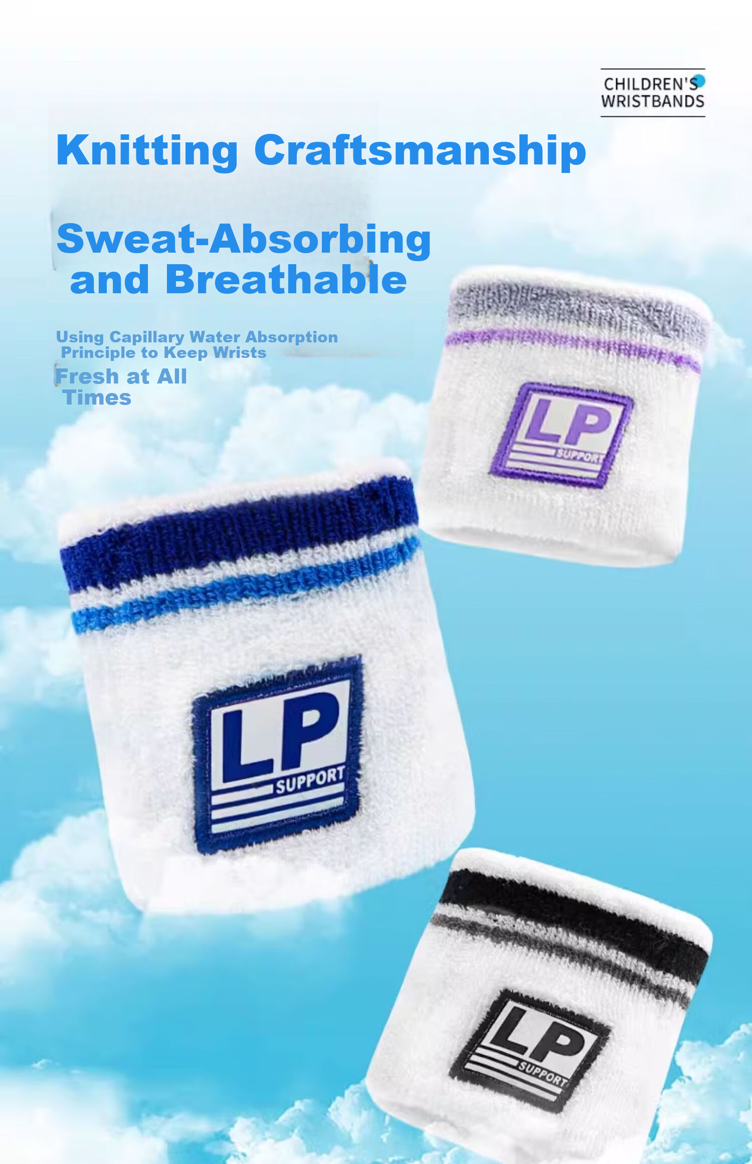 LP 4005CK Kids Wrist Sweatbands Sports Basketball Badminton Street Dance Wrist Sweat Towels Blue Pair 4