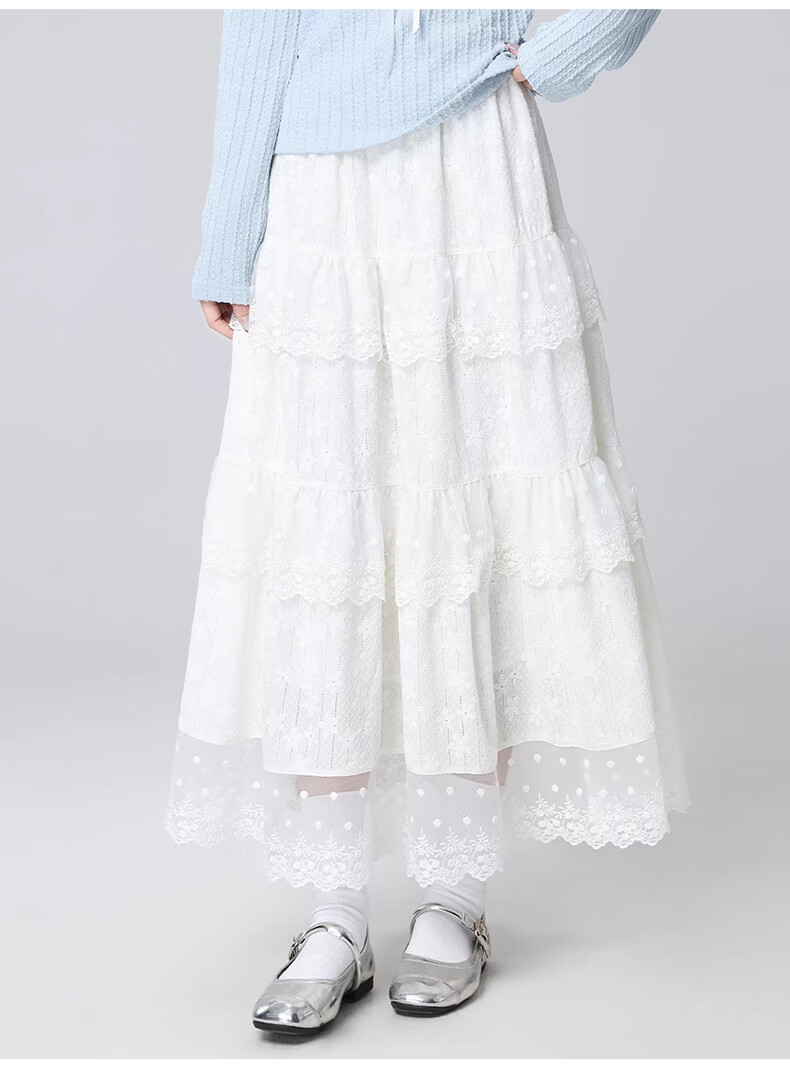 Langsha White Lace Cake Layered High-Waist A-Line Midi Skirt for Women Spring Summer Slim Fit Flowing Fairy Skirt 22
