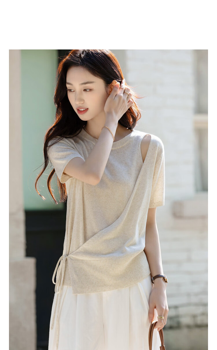 Demana [with Linen Lyocell] Summer Elegant Asymmetric Design Adjustable Tie Slim Knit Top for Women Premium 14