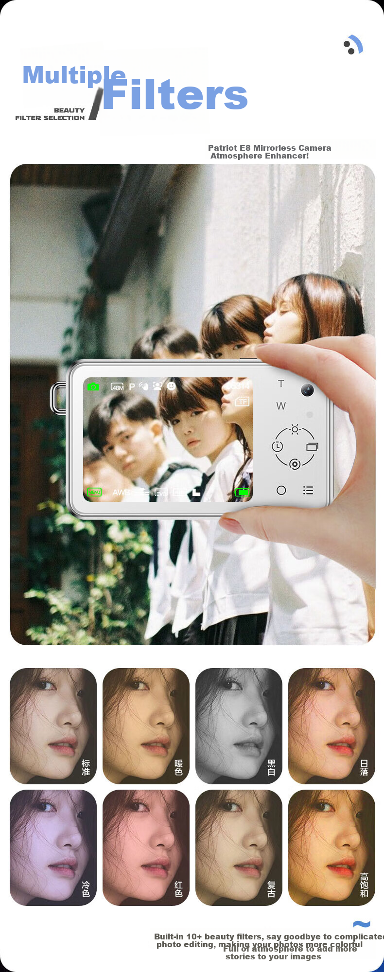 Aigo Patriot E8 Student Digital Camera Touchscreen Metal Body Campus HD Travel CCD Dual Cameras Selfie 32GB White 3
