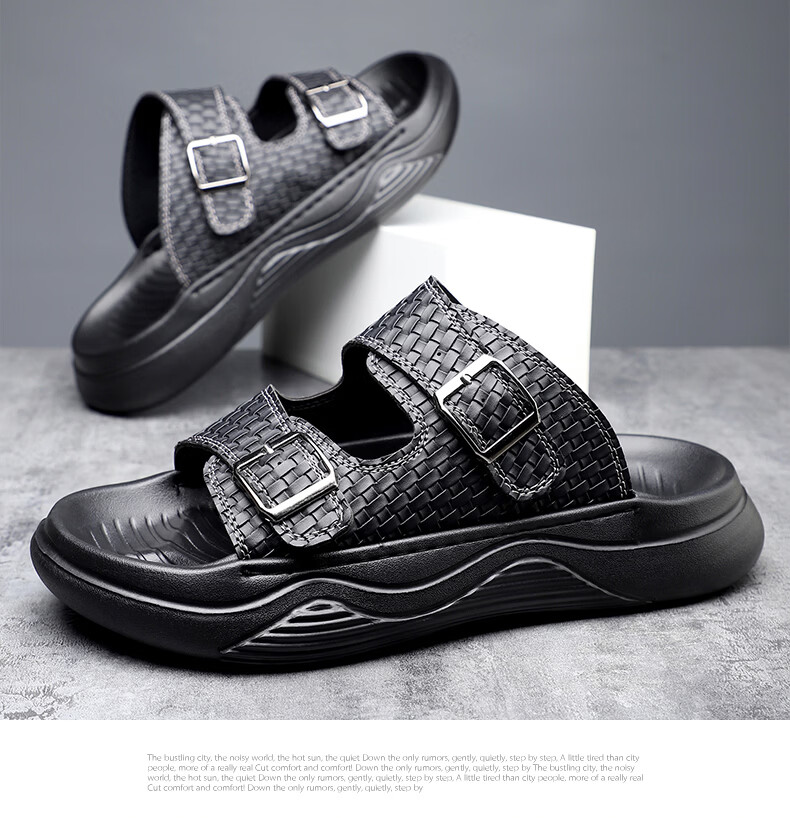 MEXICAN Spring Summer New Men's Leather Sandals Breathable Thick Soft Sole Slide Beach Shoes Black Size 44 12