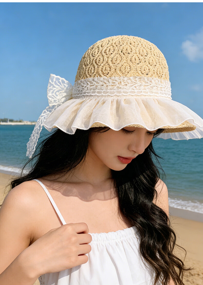 GLO-STORY Women's Lace Bow Straw Hat Summer Breathable Wide Brim Sunshade Sunscreen Beach Hat 9