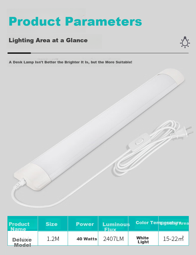 Zuoji Direct Plug-in LED Purification Tube Super Bright Energy-saving Bracket Light Docking Type for Engineering Commercial Factory Warehouse 1.2m 40W White Light with 1.8m Power Cord 12