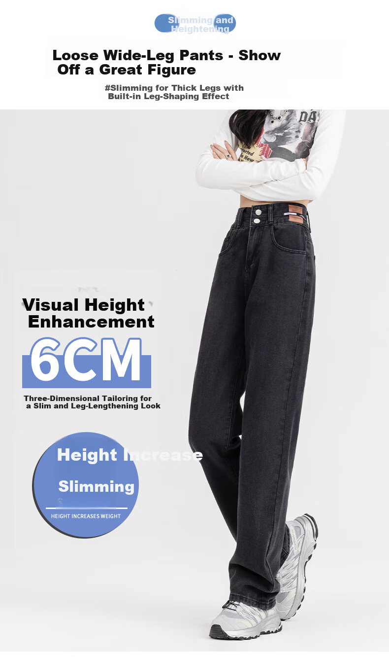 Romon Wide-Leg High-Waist Jeans for Women Summer American Style Loose Casual Slimming Floor-Length Straight Pants Black Gray M 4