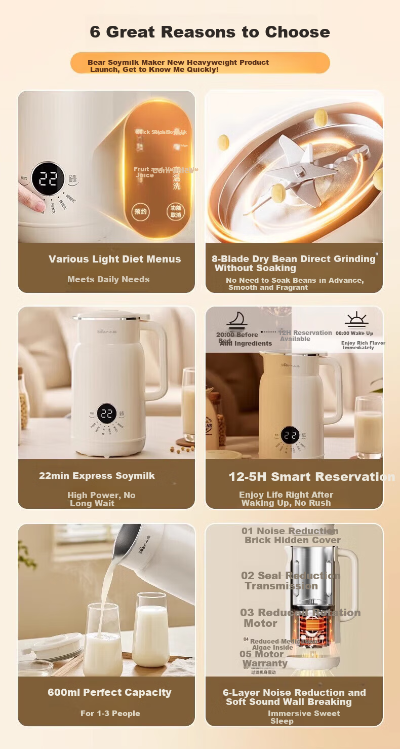 Bear Soy Milk Maker Blender Fully Automatic Small 1-2 Person Food Processor Dry Beans No Soaking Direct Grinding No Filtering Auto Keep Warm Fast Soy Milk 0.6L DJJ-H05C1 4