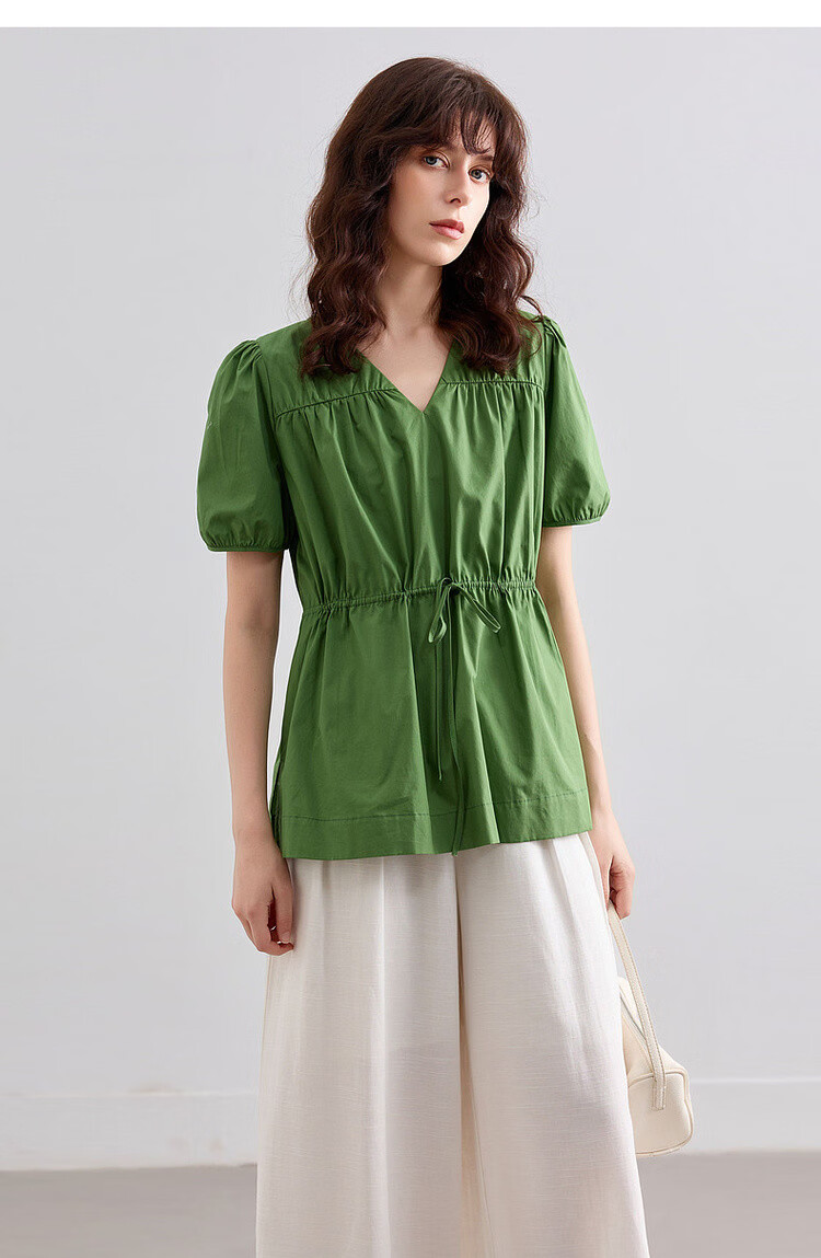 Demana Pure Cotton Light Life Summer Minimalist V-Neck Drawstring Shirt Loose Comfortable Short Sleeve Blouse Women's Top 20