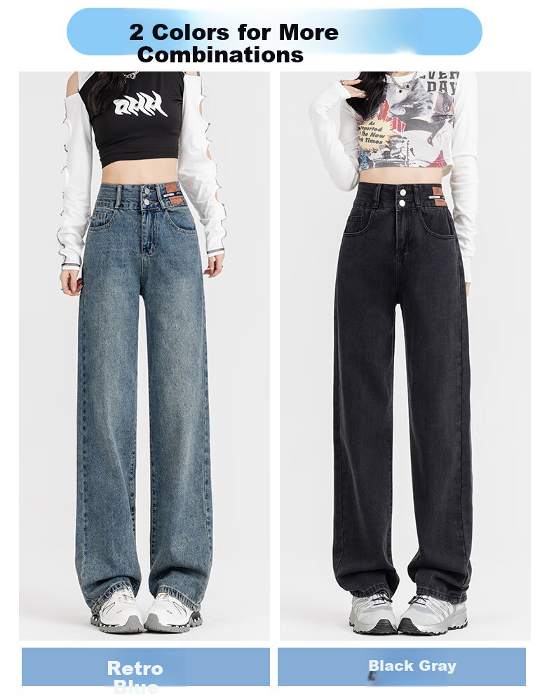 Romon Wide-Leg High-Waist Jeans for Women Summer American Style Loose Casual Slimming Floor-Length Straight Pants Black Gray M 6