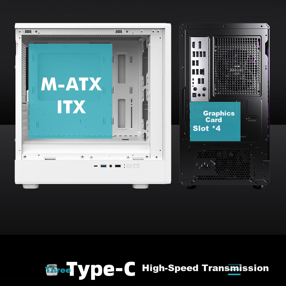 PADO Fengdu 5 Black Desktop Computer Case Supports M-ATX Motherboard with Type-C Front Panel Iron Mesh Sliding Glass Design 8 Fan Slots 15