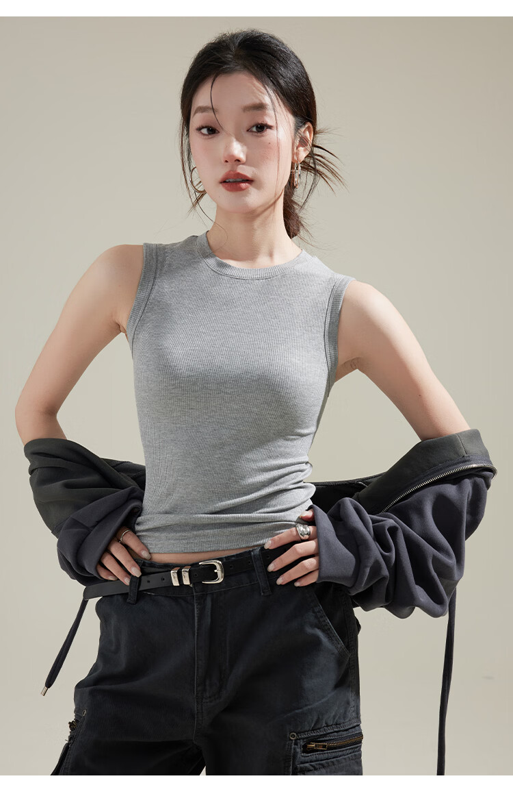 Langsha Women's New Slim Fit Ribbed High Neck Sleeveless Top Korean Style Fashionable Gray 15