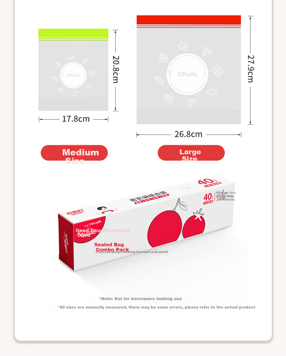 Good Wife Food Sealing Bags 40pcs Mixed Sizes Thickened Double-Strap Seal Household Refrigerator Fresh-Keeping Bags 4