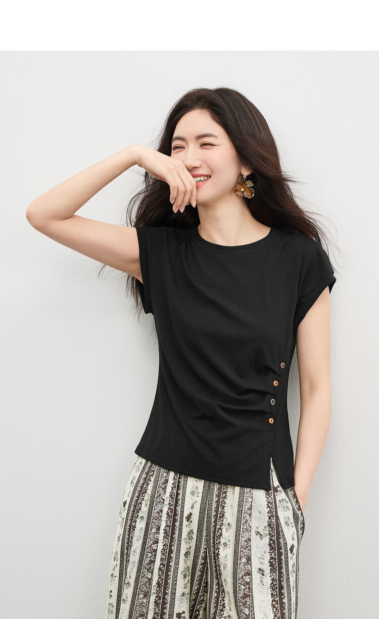 Shangdubila Cotton Blend Crew Neck Youthful T-Shirt for Women Spring Summer Side Slit Slim Fit Knitted Top Color-Block Button Pleated Women's Wear 5