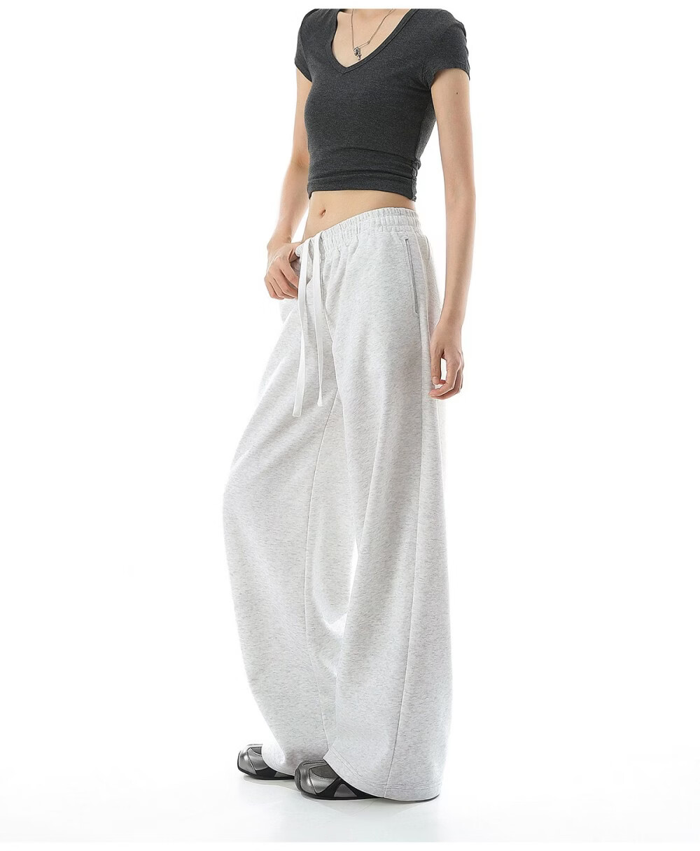 ICH MODE Solid Color Drawstring Women's Sports Pants New Loose Straight-Leg Draped Wide-Leg Casual Trousers Navy Blue S 10
