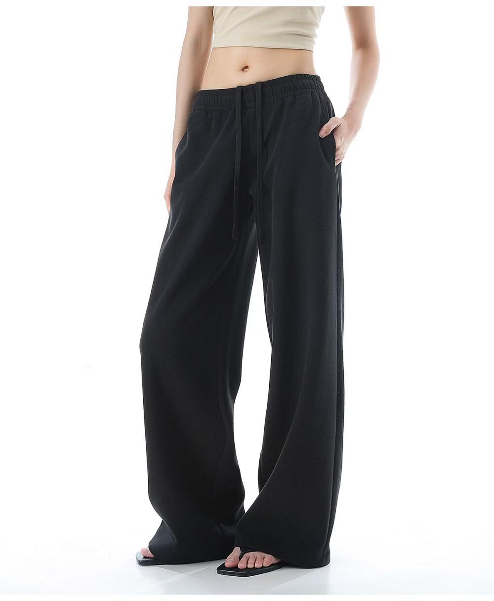 ICH MODE Solid Color Drawstring Women's Sports Pants New Loose Straight-Leg Draped Wide-Leg Casual Trousers Navy Blue S 21