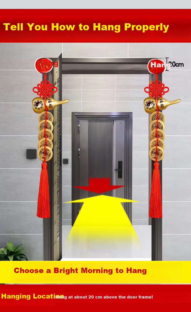 Feng Shui Pavilion Five Emperor Coins Copper Open Gourd Door Hanging Ornament for Front Door Neighbor Bedroom Bathroom Decoration 2