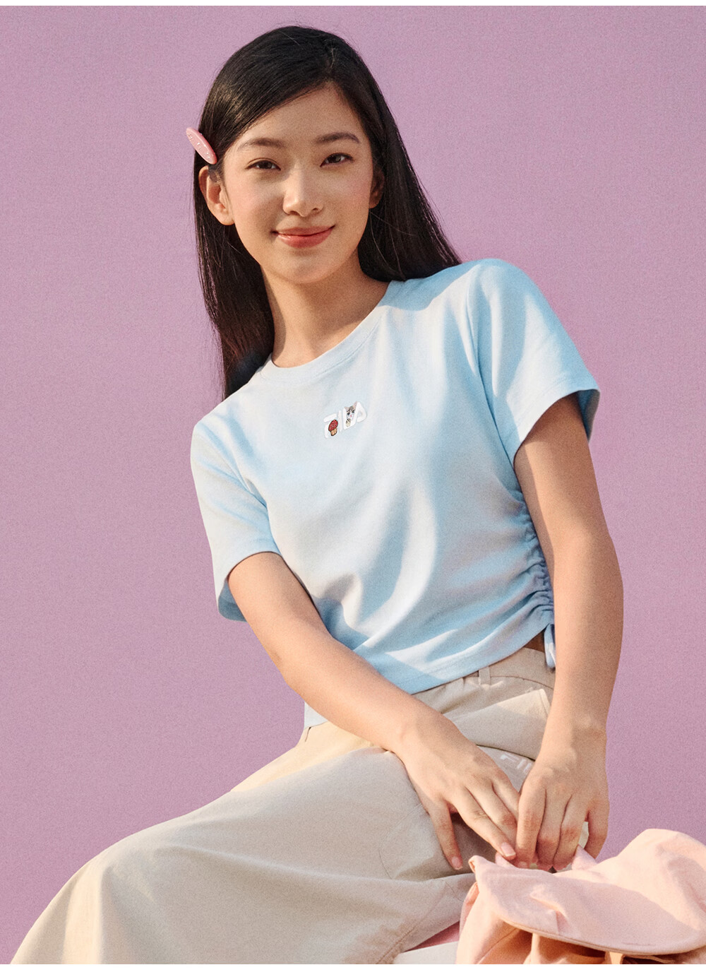 FILA Yang Mi Same Style Knitted Short Sleeve Shirt Women 2026 Summer Side Drawstring Fashion Casual Embroidered Logo Slim T-Shirt 22